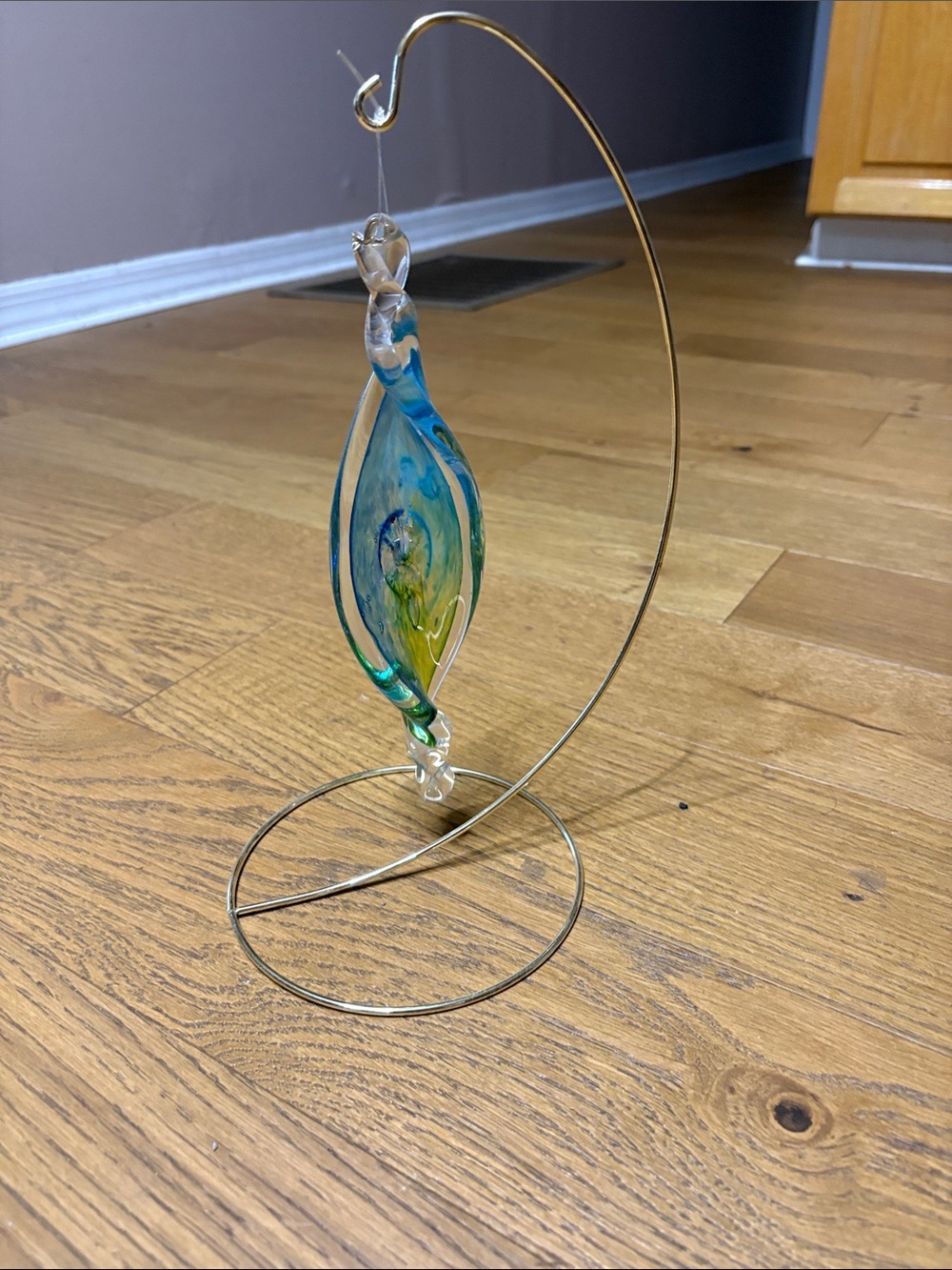 Hand-Blown Blue Green Glass Hanging Ornament by